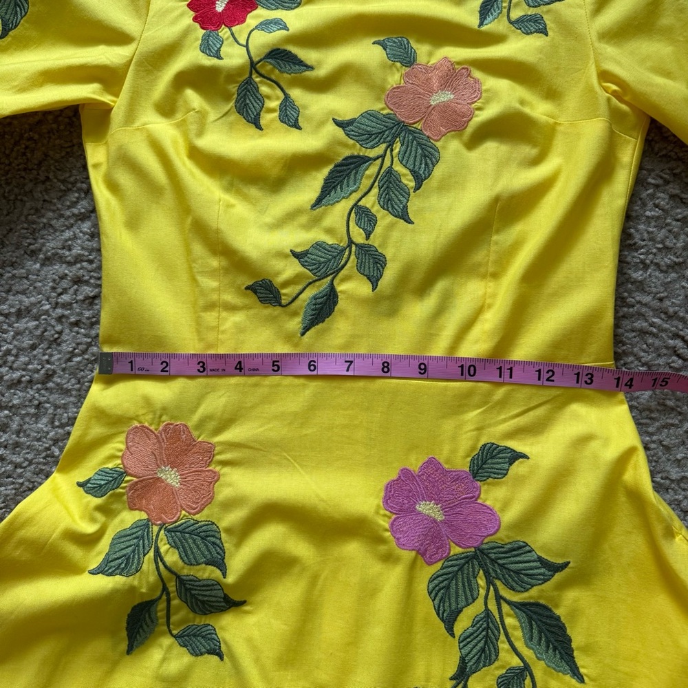 Fanm Mon Gloriosa Dress Sz XS Yellow Floral Embroidered Short Sleeve A-Line NWT - Picture 9 of 13